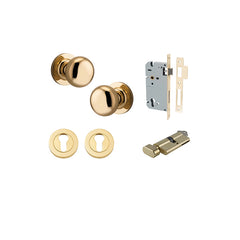 Cambridge Knob - Round Rose Entrance Kit with Separate High Security Lock Polished Brass / Solid Brass
