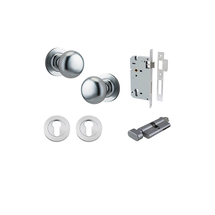 Cambridge Knob - Round Rose Entrance Kit with Separate High Security Lock Satin Chrome / Solid Brass