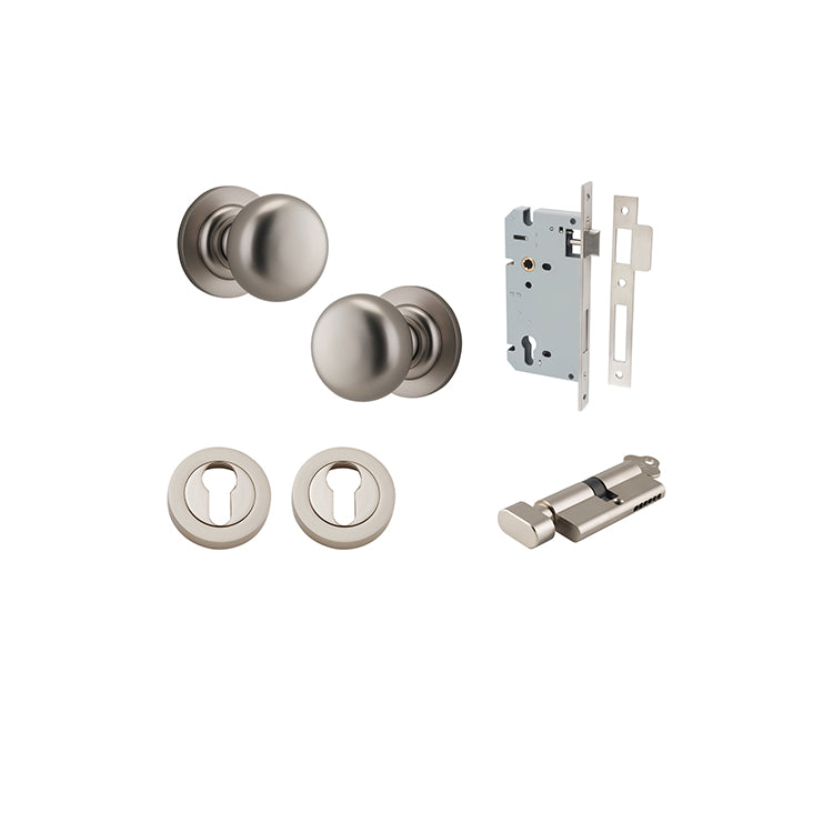 Cambridge Knob - Round Rose Entrance Kit with Separate High Security Lock Satin Nickel / Solid Brass