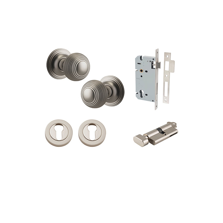Guildford Knob - Round Rose Entrance Kit with Separate High Security Lock Satin Nickel / Solid Brass