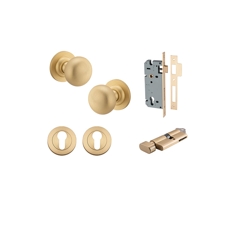 Cambridge Knob - Round Rose Entrance Kit with Separate High Security Lock Satin Brass / Solid Brass