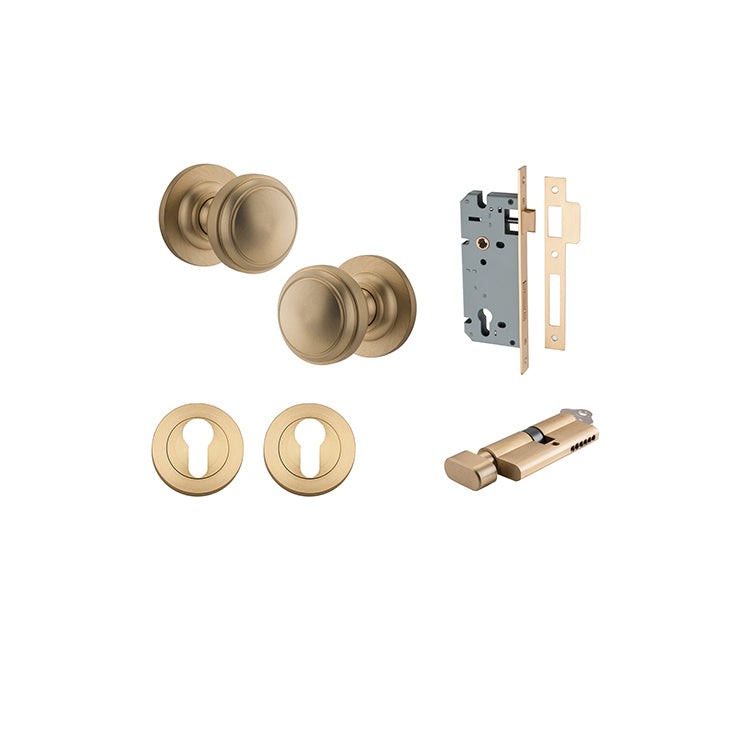 Paddington Knob - Round Rose Entrance Kit with Separate High Security Lock Satin Brass / Solid Brass