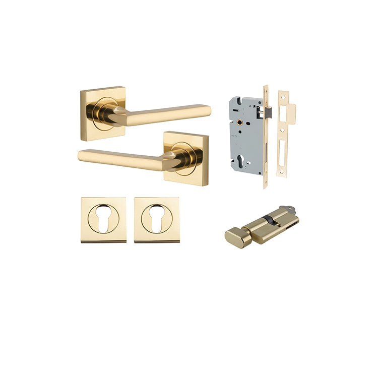 Baltimore Lever - Square Rose Entrance Kit with Separate High Security Lock Polished Brass / Solid Brass