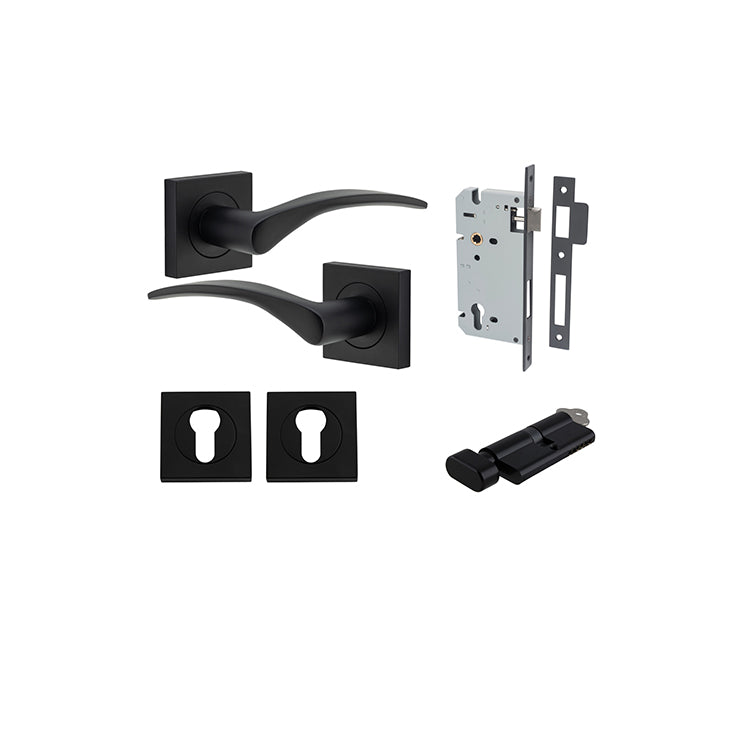 Oxford Lever - Square Rose Entrance Kit with Separate High Security Lock Matt Black / Solid Brass