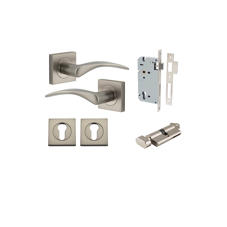 Oxford Lever - Square Rose Entrance Kit with Separate High Security Lock Satin Nickel / Solid Brass