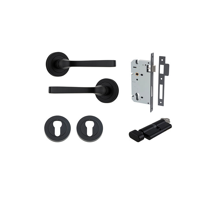 Annecy Lever - Round Rose Entrance Kit with Separate High Security Lock Matt Black / Solid Brass
