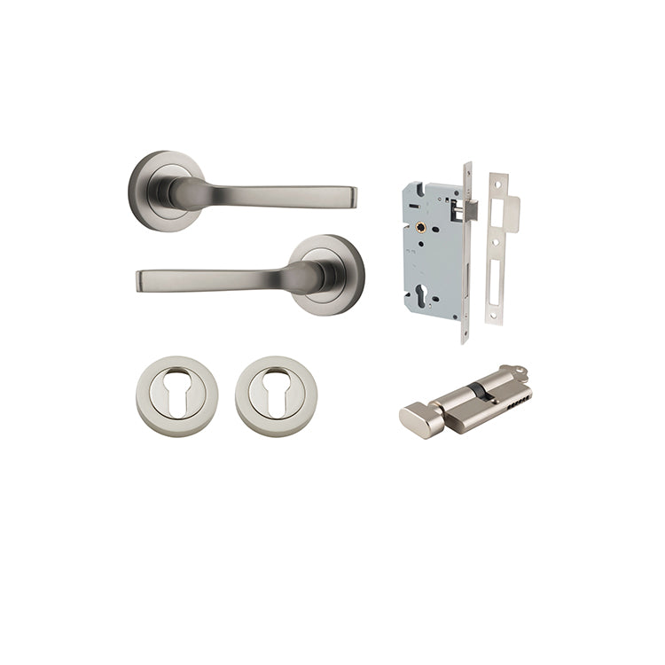 Annecy Lever - Round Rose Entrance Kit with Separate High Security Lock Satin Nickel / Solid Brass