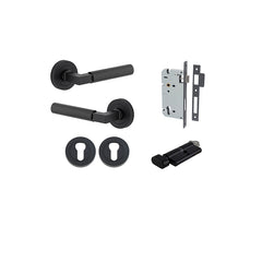 Berlin Lever - Round Rose Entrance Kit with High Security Lock Matt Black / Solid Brass