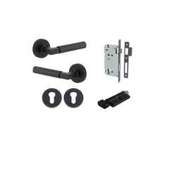 Berlin Lever - Round Rose Entrance Kit with High Security Lock Matt Black / Solid Brass