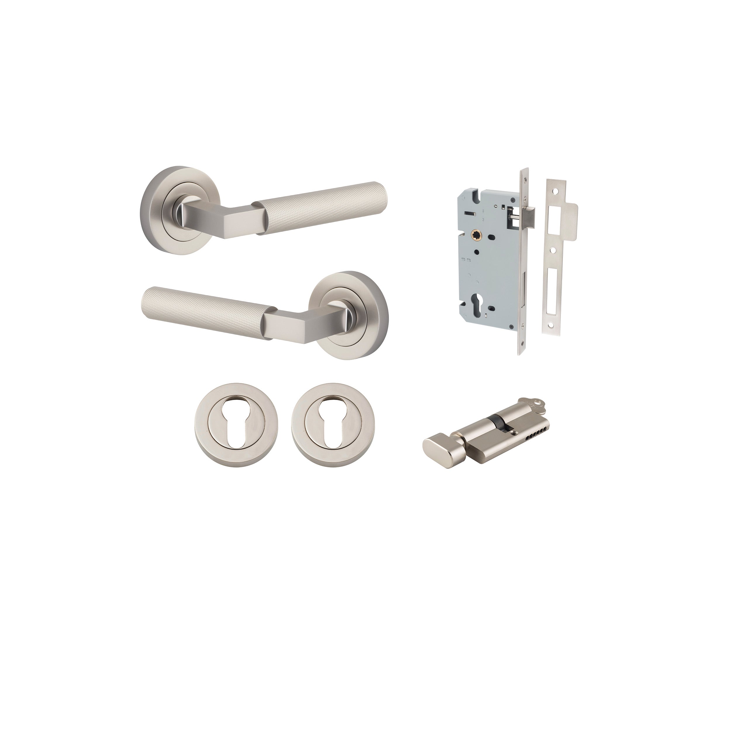 Brunswick Lever - Round Rose Entrance Kit with High Security Lock Satin Nickel / Solid Brass