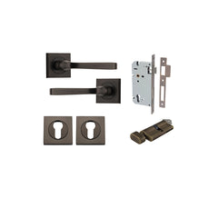 Annecy Lever - Square Rose Entrance Kit with Separate High Security Lock Antique Brass / Solid Brass