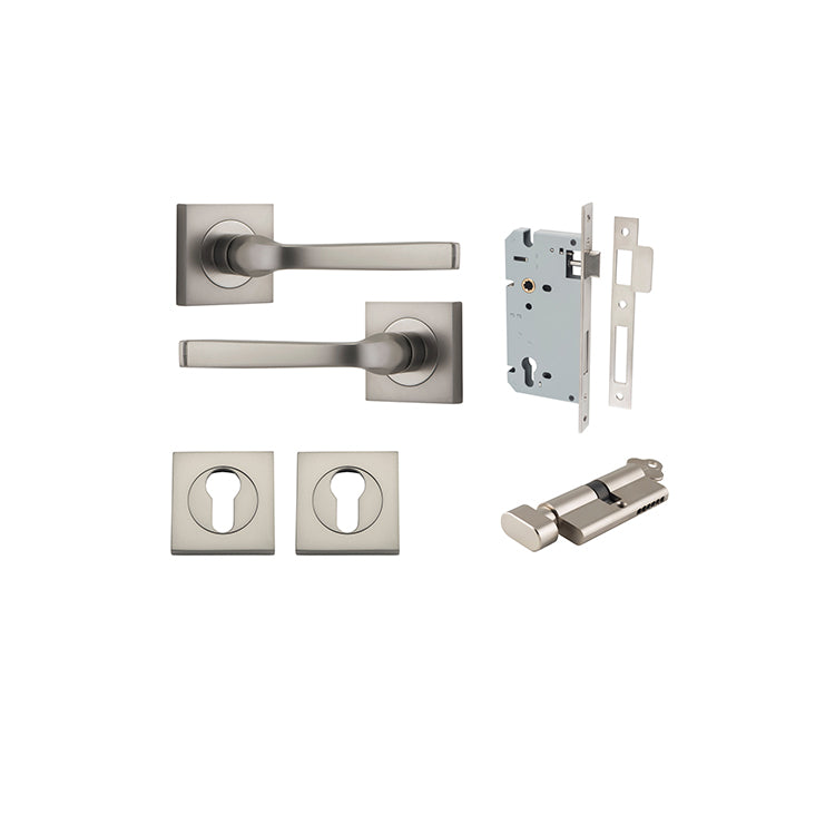Annecy Lever - Square Rose Entrance Kit with Separate High Security Lock Satin Nickel / Solid Brass
