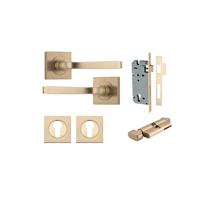 Annecy Lever - Square Rose Entrance Kit with Separate High Security Lock Satin Brass / Solid Brass