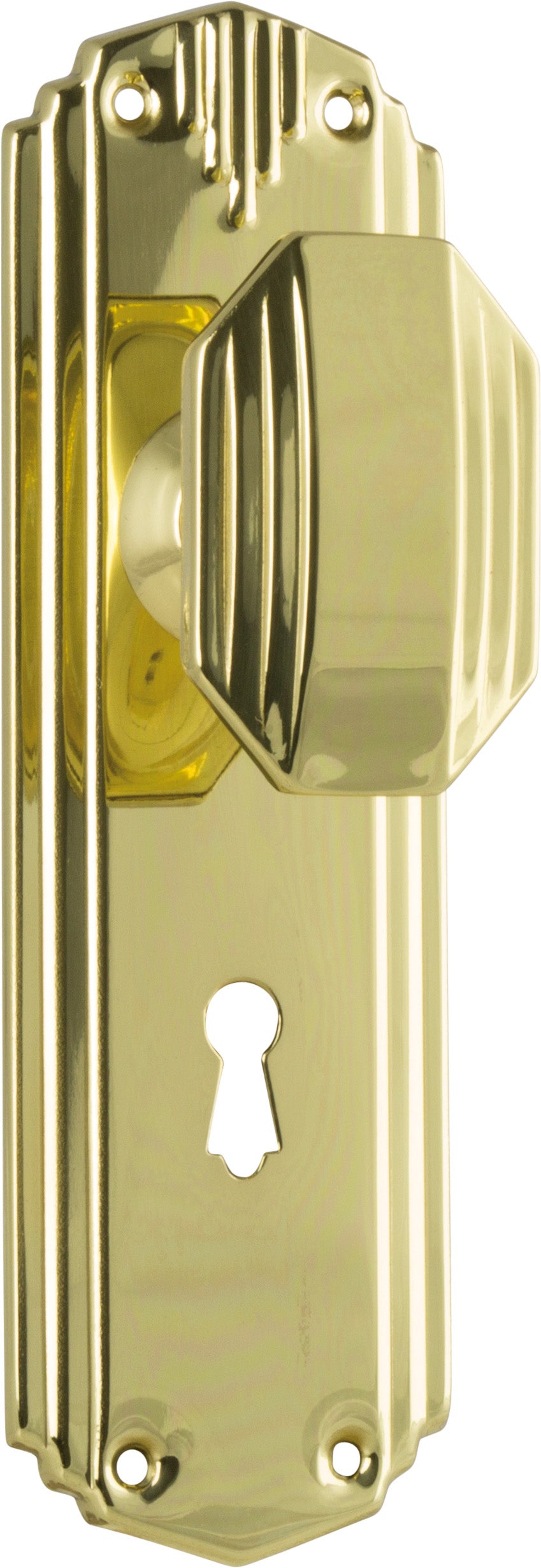 Napier Art Deco Door Knob - Long Backplate Polished Brass / Lock | Lock (Skeleton Key)