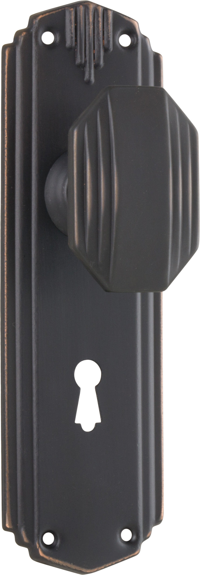 Napier Art Deco Door Knob - Long Backplate Antique Copper / Lock | Lock (Skeleton Key)