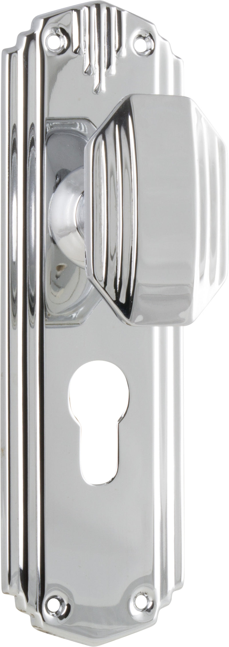 Napier Art Deco Door Knob - Long Backplate Chrome Plated / Euro | Entrance