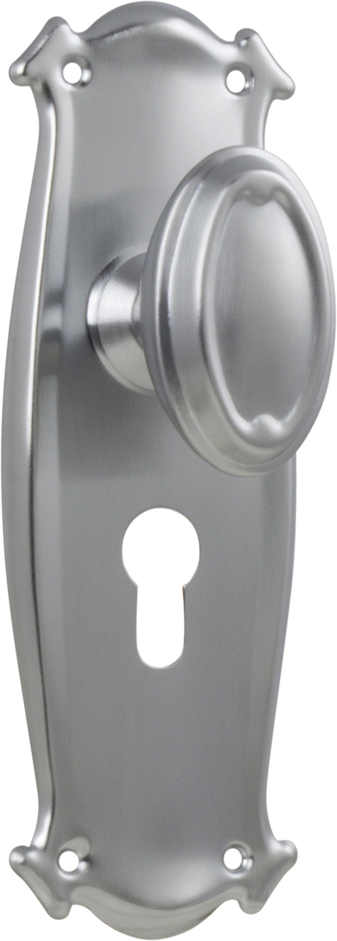 Traditional Bungalow Door Knob - Long Backplate Satin Chrome / Euro | Entrance