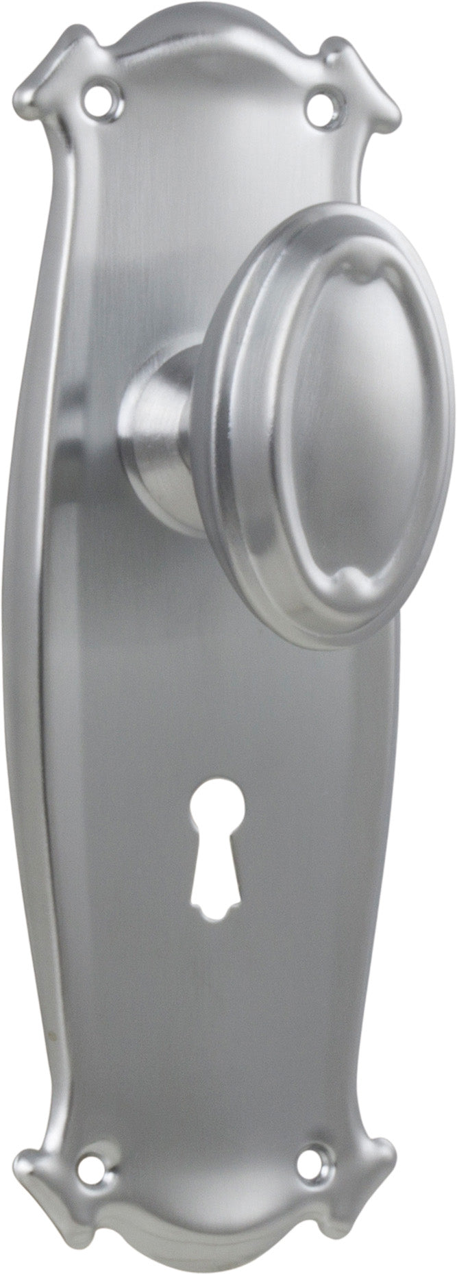 Traditional Bungalow Door Knob - Long Backplate Satin Chrome / Lock | Lock (Skeleton Key)