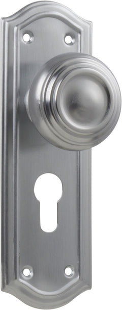 Kensington Door Knob - Long Backplate Satin Chrome / Euro | Entrance
