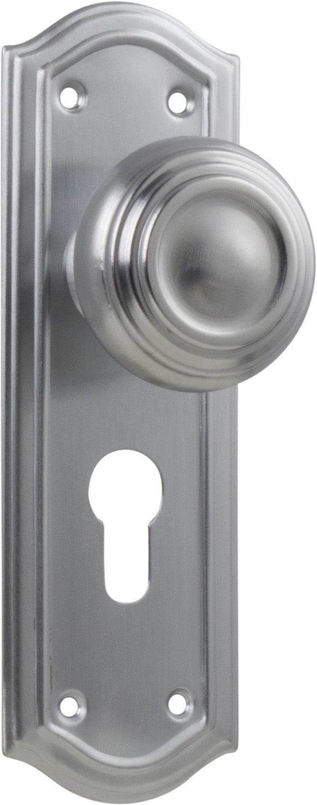 Kensington Door Knob - Long Backplate Satin Chrome / Euro | Entrance