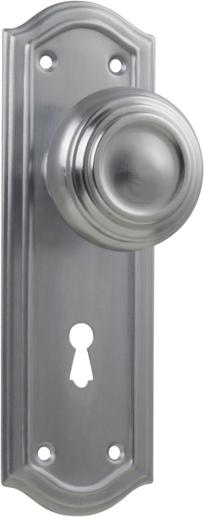 Kensington Door Knob - Long Backplate Satin Chrome / Lock | Lock (Skeleton Key)