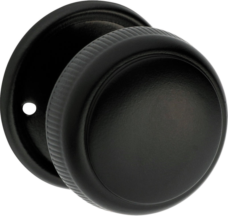 Large Milled Edged Mortice Knob - Round Rose Matt Black / Passage