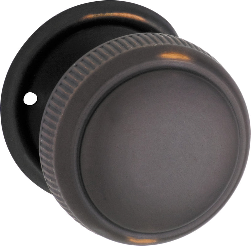 Large Milled Edged Mortice Knob - Round Rose Antique Copper / Passage