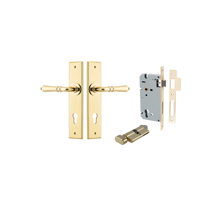 Sarlat Lever - Chamfered Backplate Entrance Kit with High Security Lock Polished Brass / Solid Brass