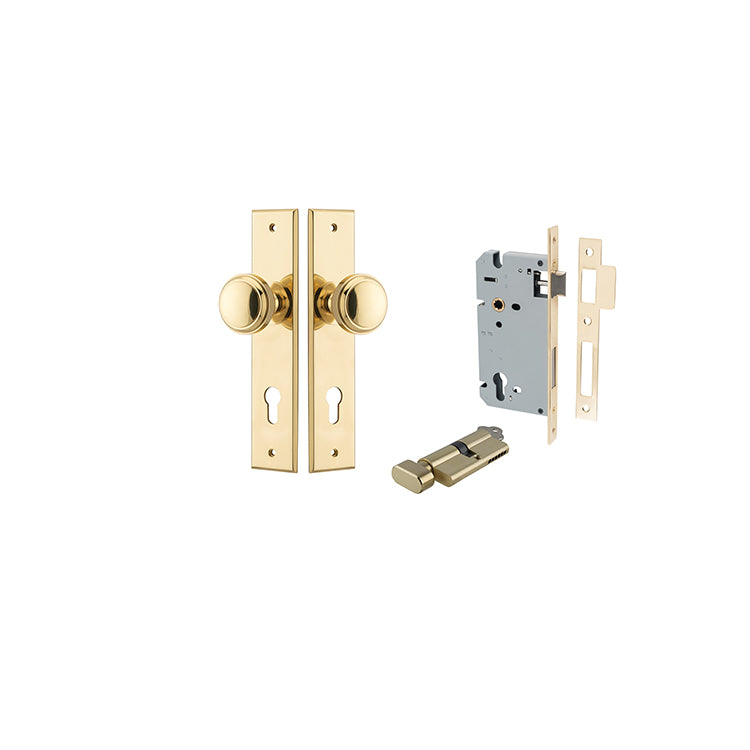 Paddington Knob - Chamfered Backplate Entrance Kit with High Security Lock Polished Brass / Solid Brass