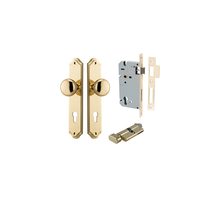 Cambridge Knob - Shouldered Backplate Entrance Kit with High Security Lock Polished Brass / Solid Brass