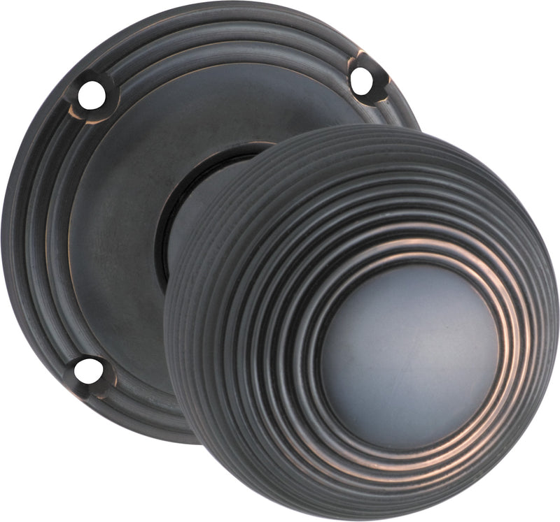 Reeded Mortice Knob - Round Rose Antique Copper / Passage
