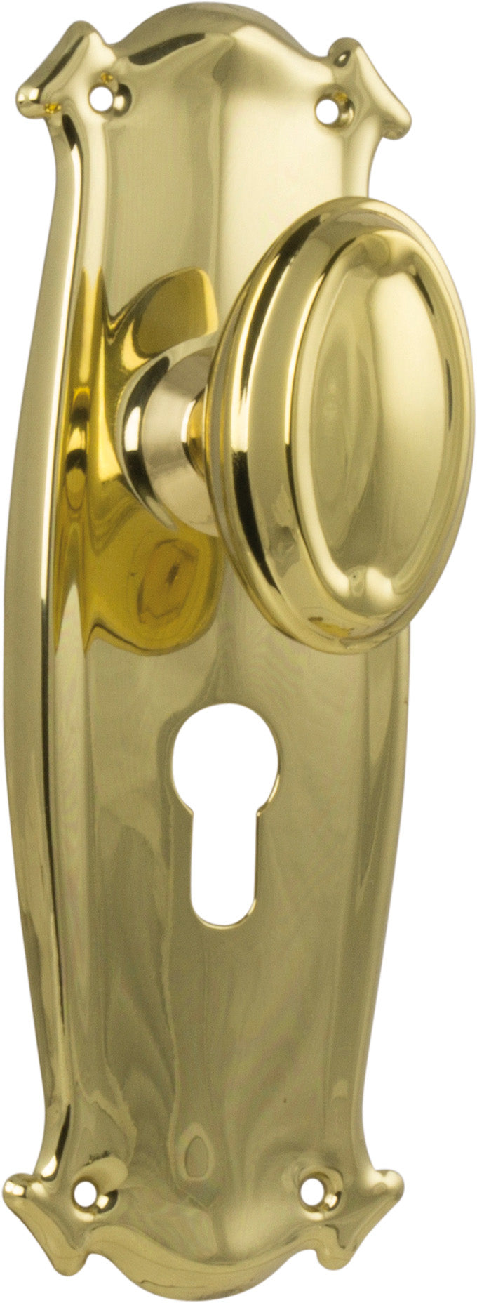 Traditional Bungalow Door Knob - Long Backplate Polished Brass / Euro | Entrance