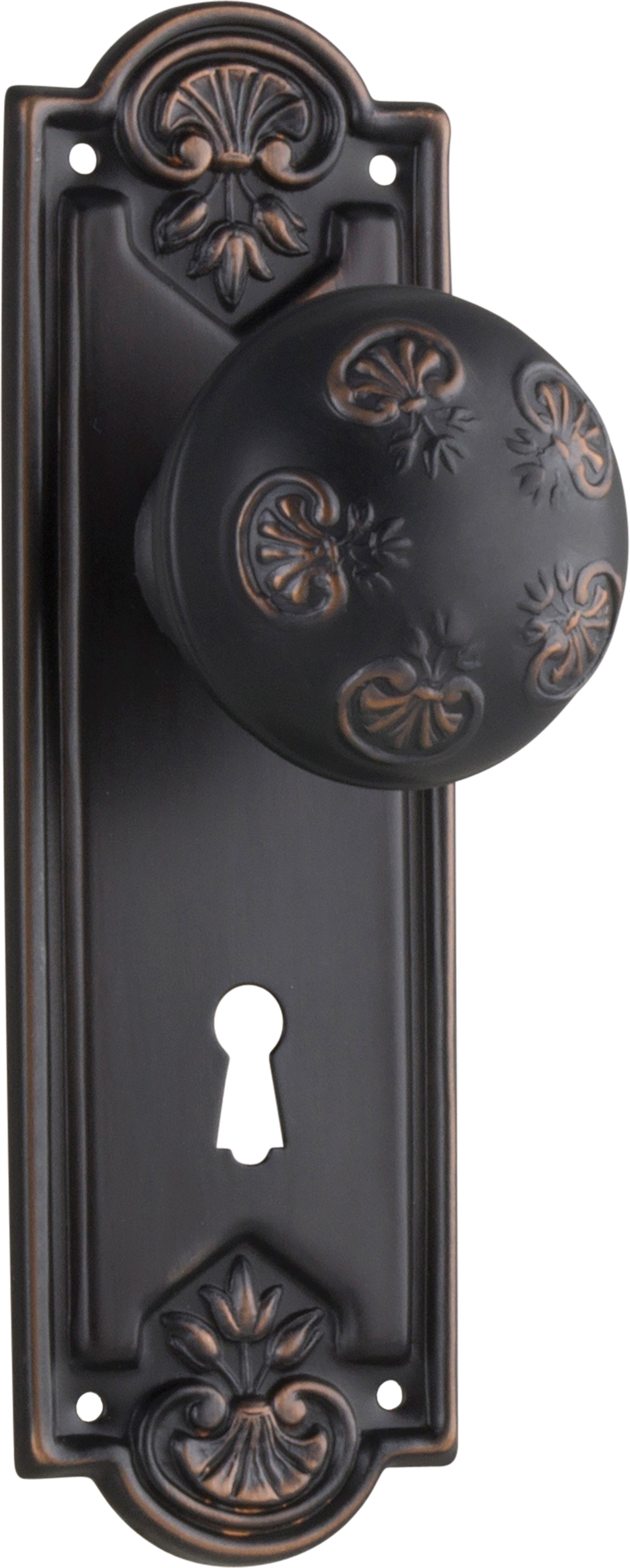Nouveau Door Knob - Long Backplate Antique Copper / Lock | Lock (Skeleton Key)