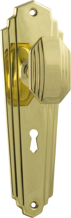 Elwood Art Deco Door Knob - Long Backplate Polished Brass / Lock | Lock (Skeleton Key)