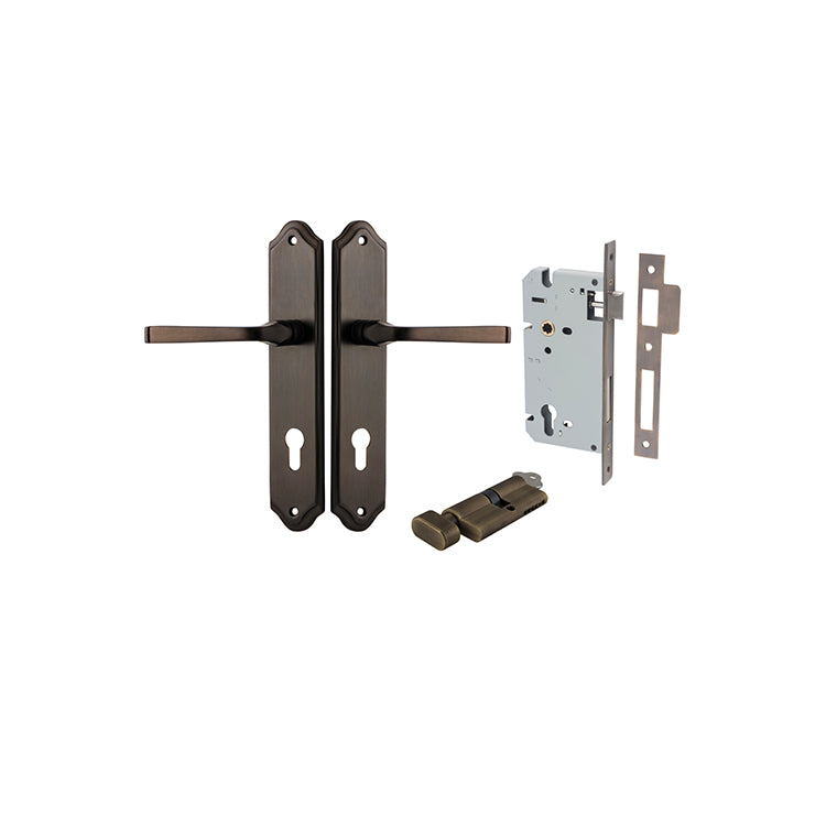 Annecy Lever - Shouldered Backplate Entrance Kit with High Security Lock Antique Brass / Solid Brass