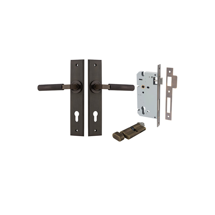 Brunswick Lever - Chamfered Backplate Entrance Kit with High Security Lock Antique Brass / Solid Brass