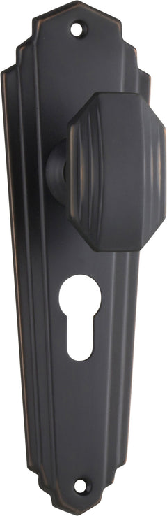 Elwood Art Deco Door Knob - Long Backplate Antique Copper / Euro | Entrance