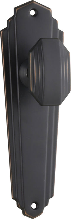 Elwood Art Deco Door Knob - Long Backplate Antique Copper / Latch | Passage