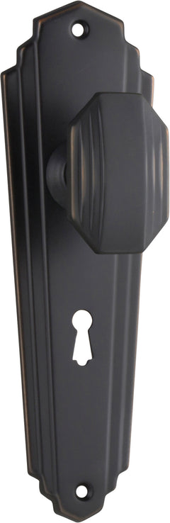 Elwood Art Deco Door Knob - Long Backplate Antique Copper / Lock | Lock (Skeleton Key)