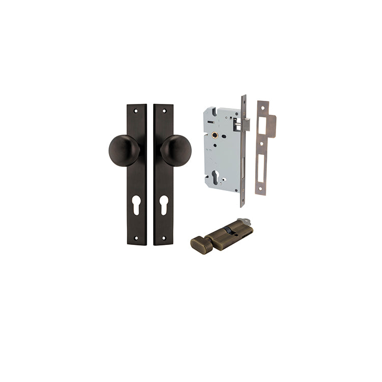 Cambridge Knob - Rectangular Backplate Entrance Kit with High Security Lock Antique Brass / Solid Brass
