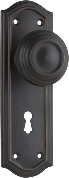 Kensington Door Knob - Long Backplate Antique Copper / Lock | Lock (Skeleton Key)