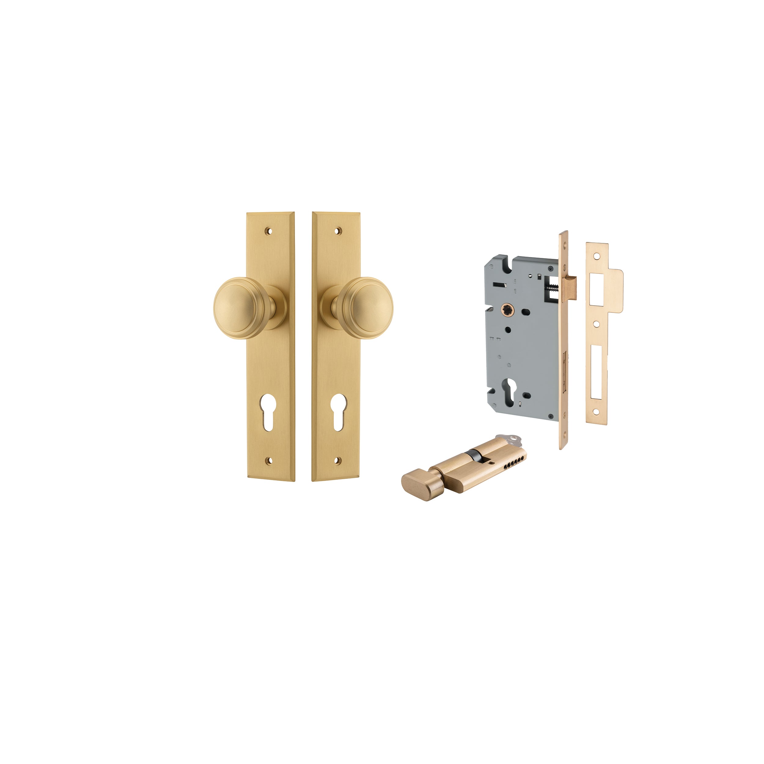 Paddington Knob - Chamfered Backplate Entrance Kit with High Security Lock Satin Brass / Solid Brass