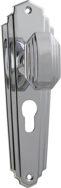 Elwood Art Deco Door Knob - Long Backplate Chrome Plated / Euro | Entrance