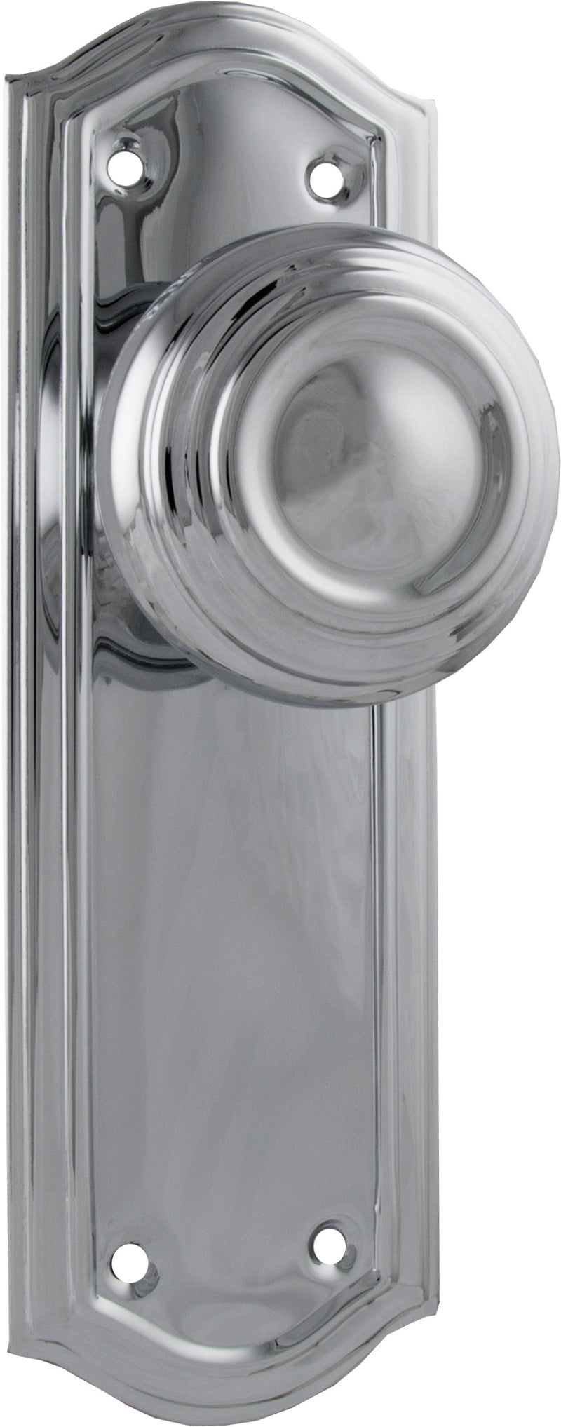 Kensington Door Knob - Long Backplate Chrome Plated / Latch | Passage