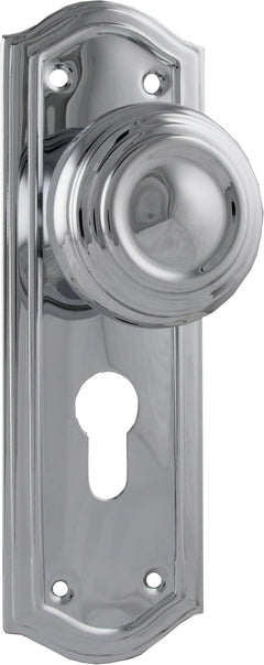 Kensington Door Knob - Long Backplate Chrome Plated / Euro | Entrance