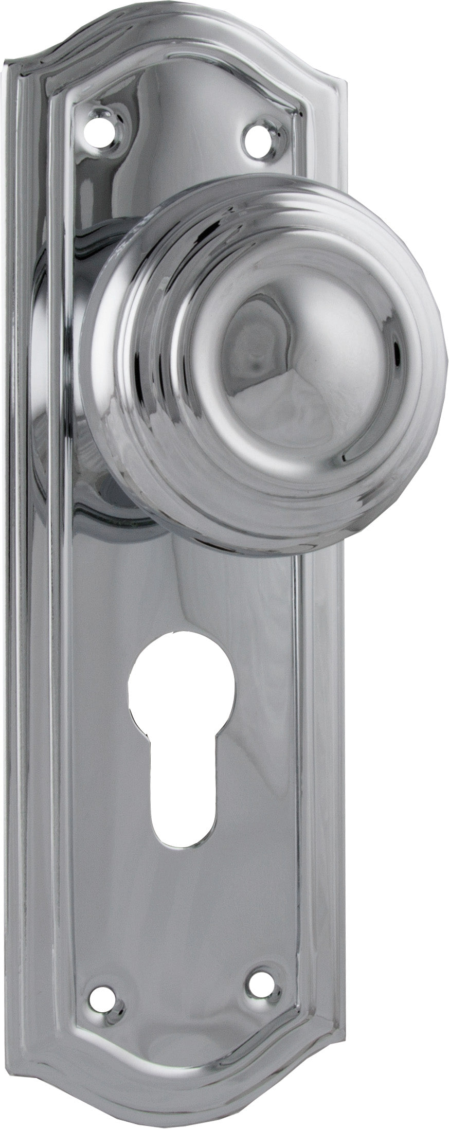 Kensington Door Knob - Long Backplate Chrome Plated / Euro | Entrance