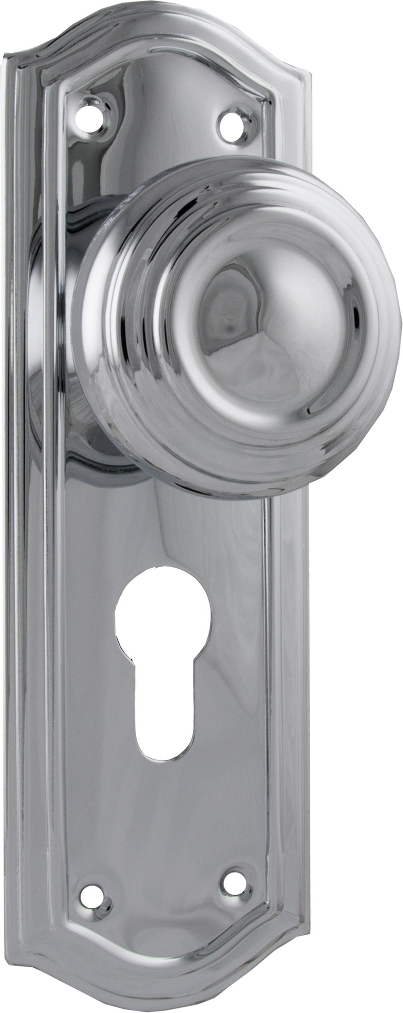 Kensington Door Knob - Long Backplate Chrome Plated / Euro | Entrance