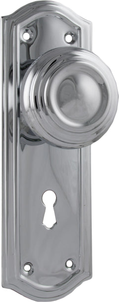 Kensington Door Knob - Long Backplate Chrome Plated / Lock | Lock (Skeleton Key)