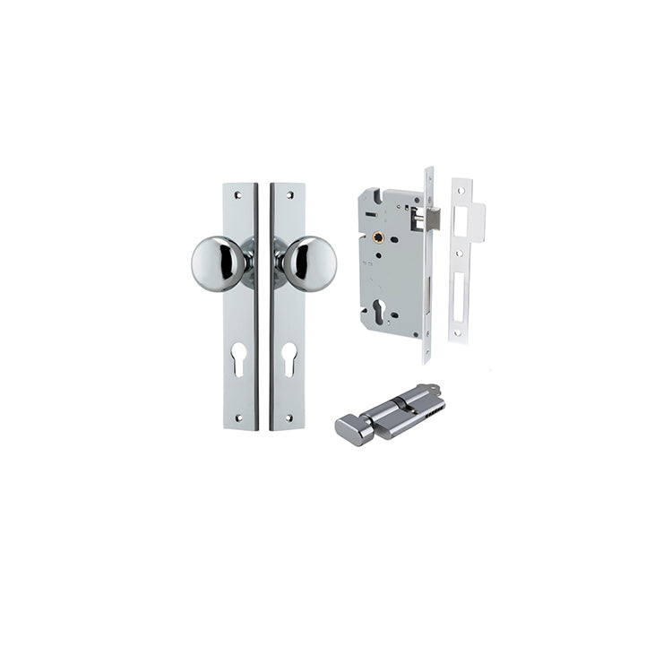 Cambridge Knob - Rectangular Backplate Entrance Kit with High Security Lock Chrome Plated / Solid Brass