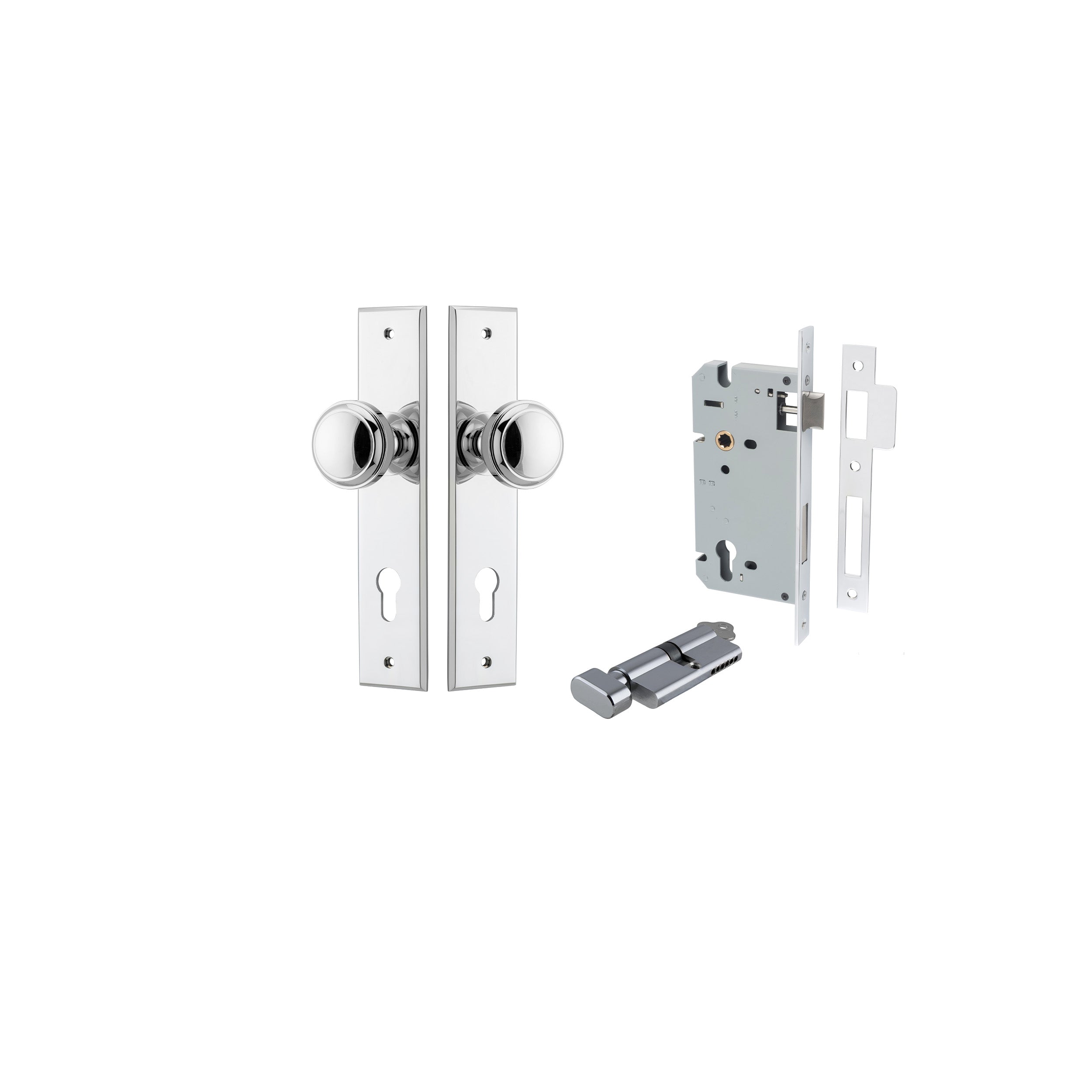 Paddington Knob - Chamfered Backplate Entrance Kit with High Security Lock Chrome Plated / Solid Brass
